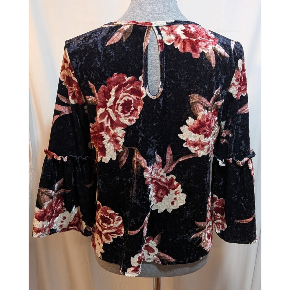 Boho Cottagecore Prairie M Navy Blue Velvet Floral Bell Ruffle Sleeve Sweet Top - Picture 4 of 9